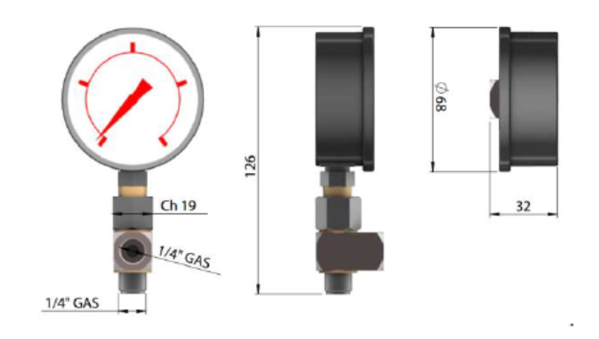Banjokoppeling met drukmeter 1 afmetingen