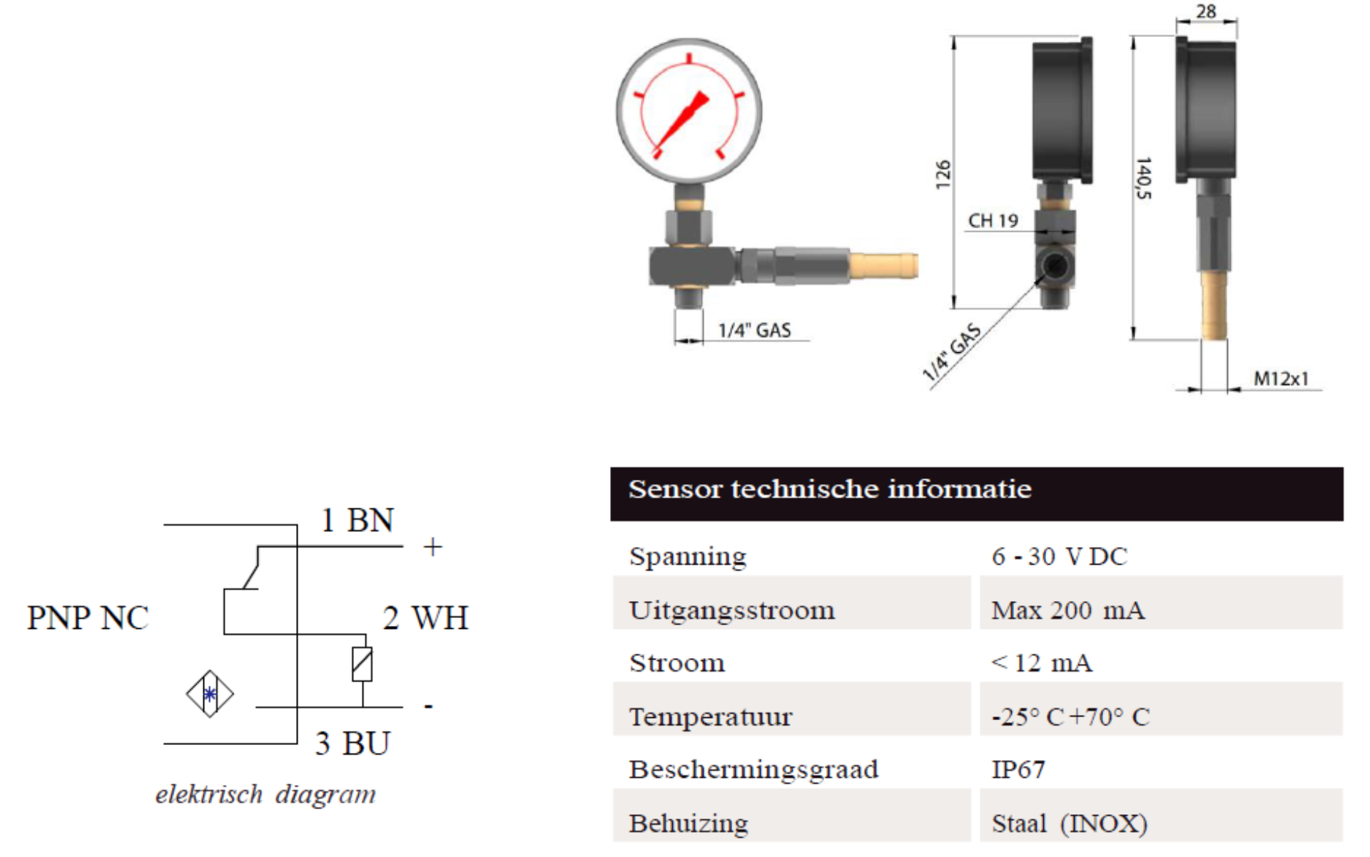 Banjokoppeling met drukmeter 3 afmetingen NL
